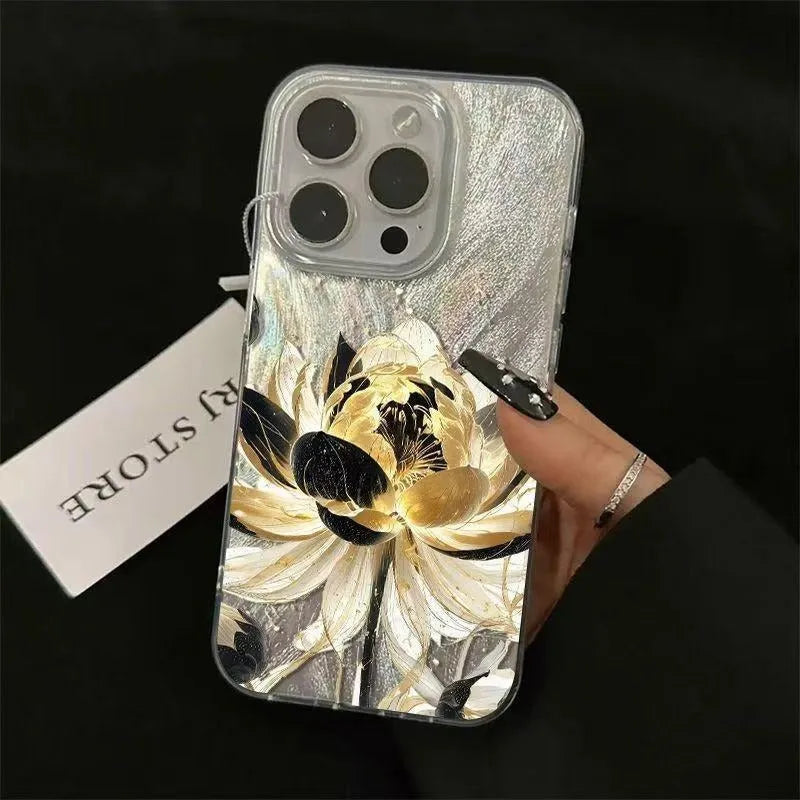 Blue Lotus design hard PC phone case for iPhone with included silicone component, shown in one of four colour variants.