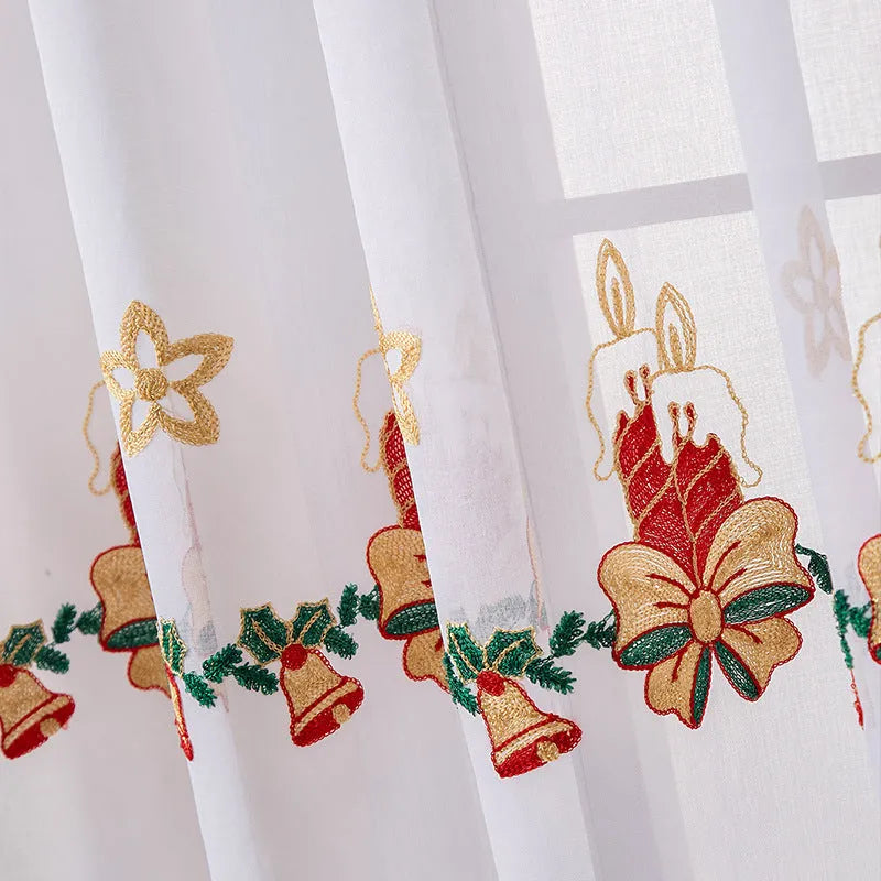 Pair of American Christmas curtains with embroidered snowflake design on polyester fabric
