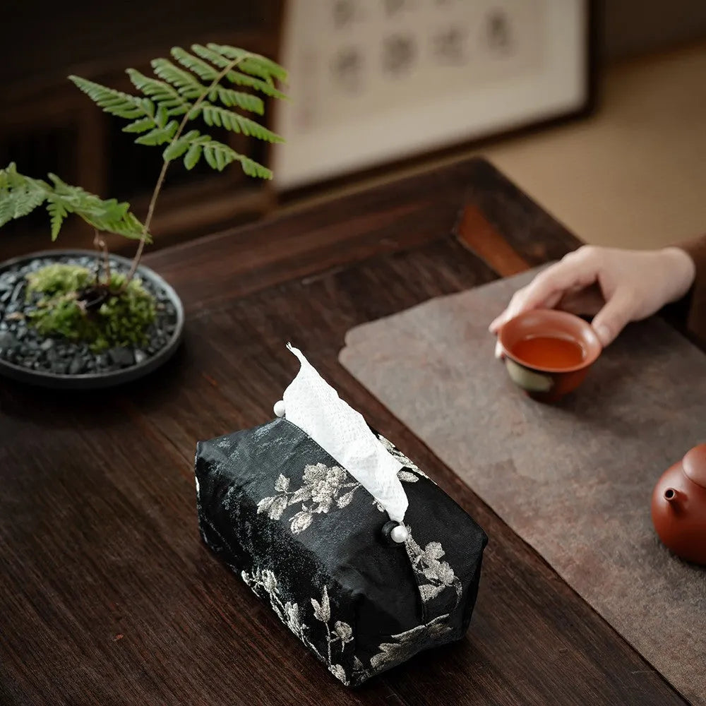 New Chinese brocade fabric tissue box in embroidery white plum colour with optional pearl buckle.