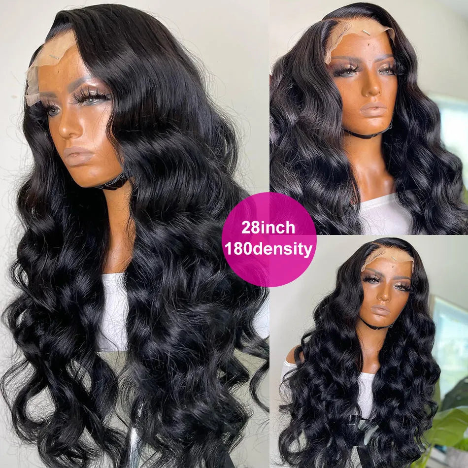 Black synthetic lace front wig with long curly hair and side bangs in an exotic style.