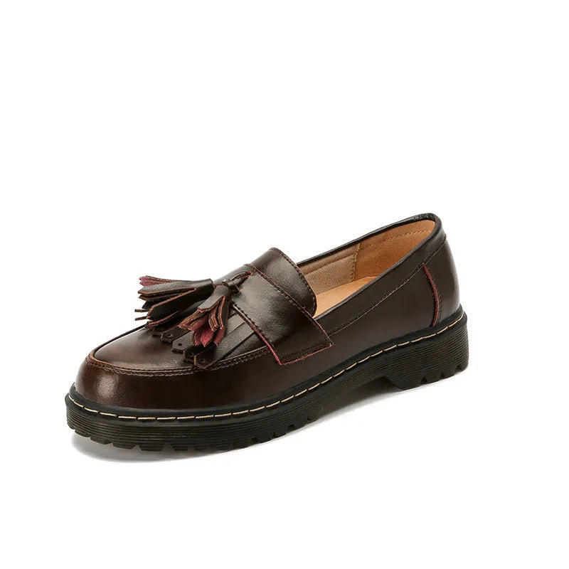 Women's chunky heel loafers with tassel detail in cowhide leather