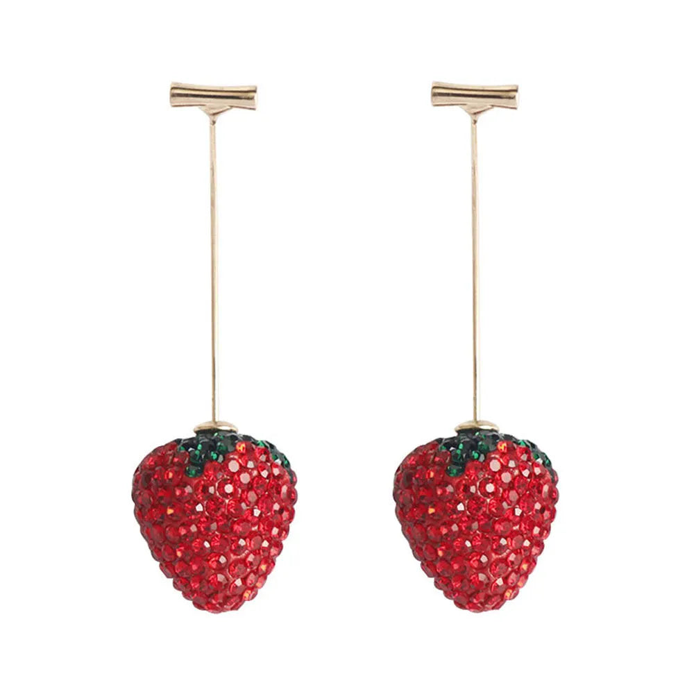 Geometric zinc alloy strawberry earrings for women in red with spot drill detail.
