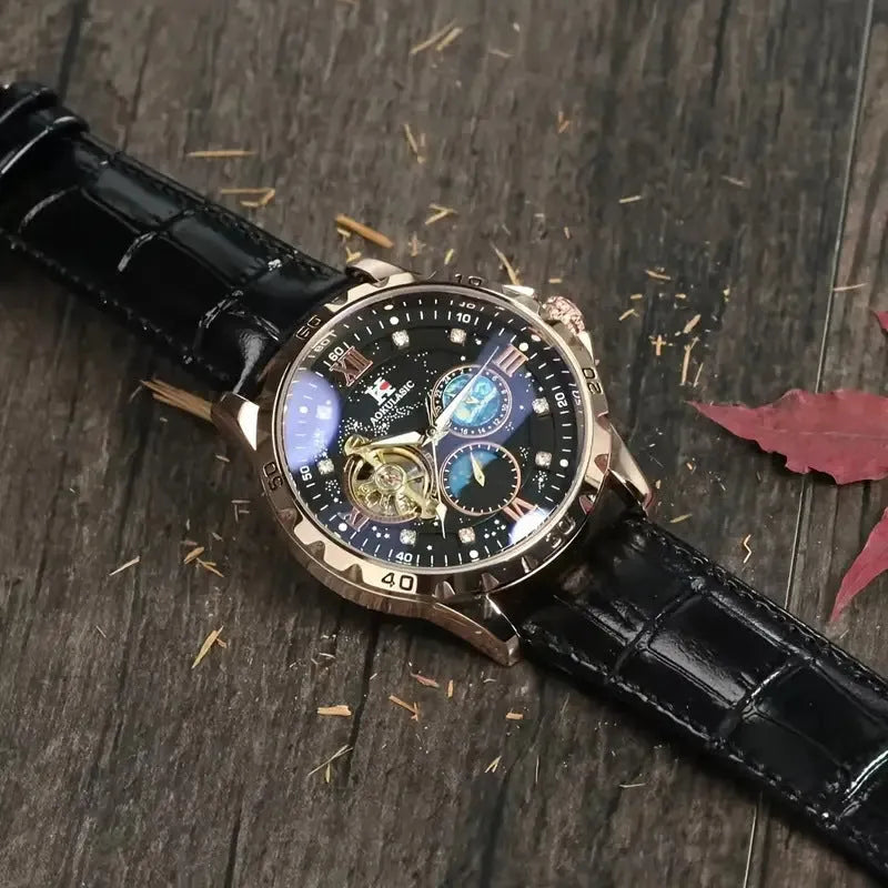 Men's black automatic watch with rose gold shell, large hollow dial, and genuine leather strap.