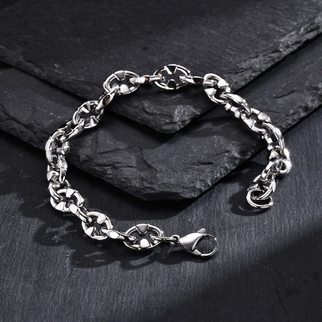 Handmade thick stainless steel geometric chain bracelet for men, shown in steel colour.