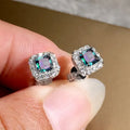 Square-cut bright green zircon earrings with gold electroplated finish on copper construction