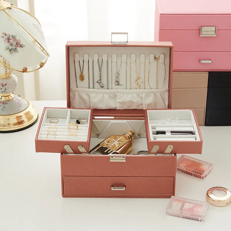 PU leather jewellery storage box in solid colour with 22.5cm dimensions