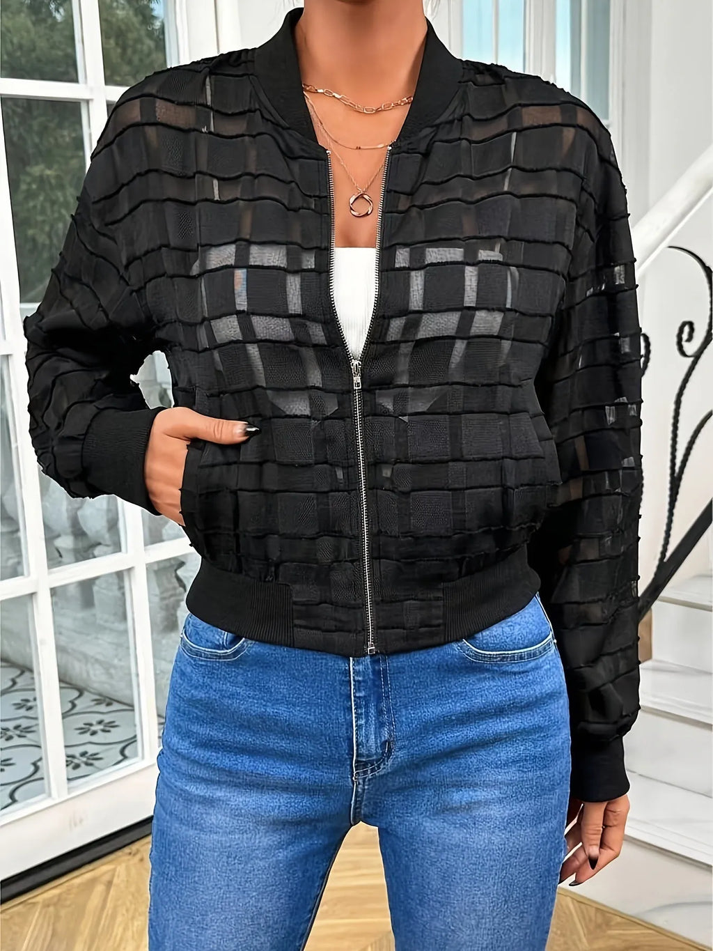 Women's black semi-transparent geometric pattern casual jacket with thread zipper