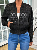 Women's black semi-transparent geometric pattern casual jacket with thread zipper