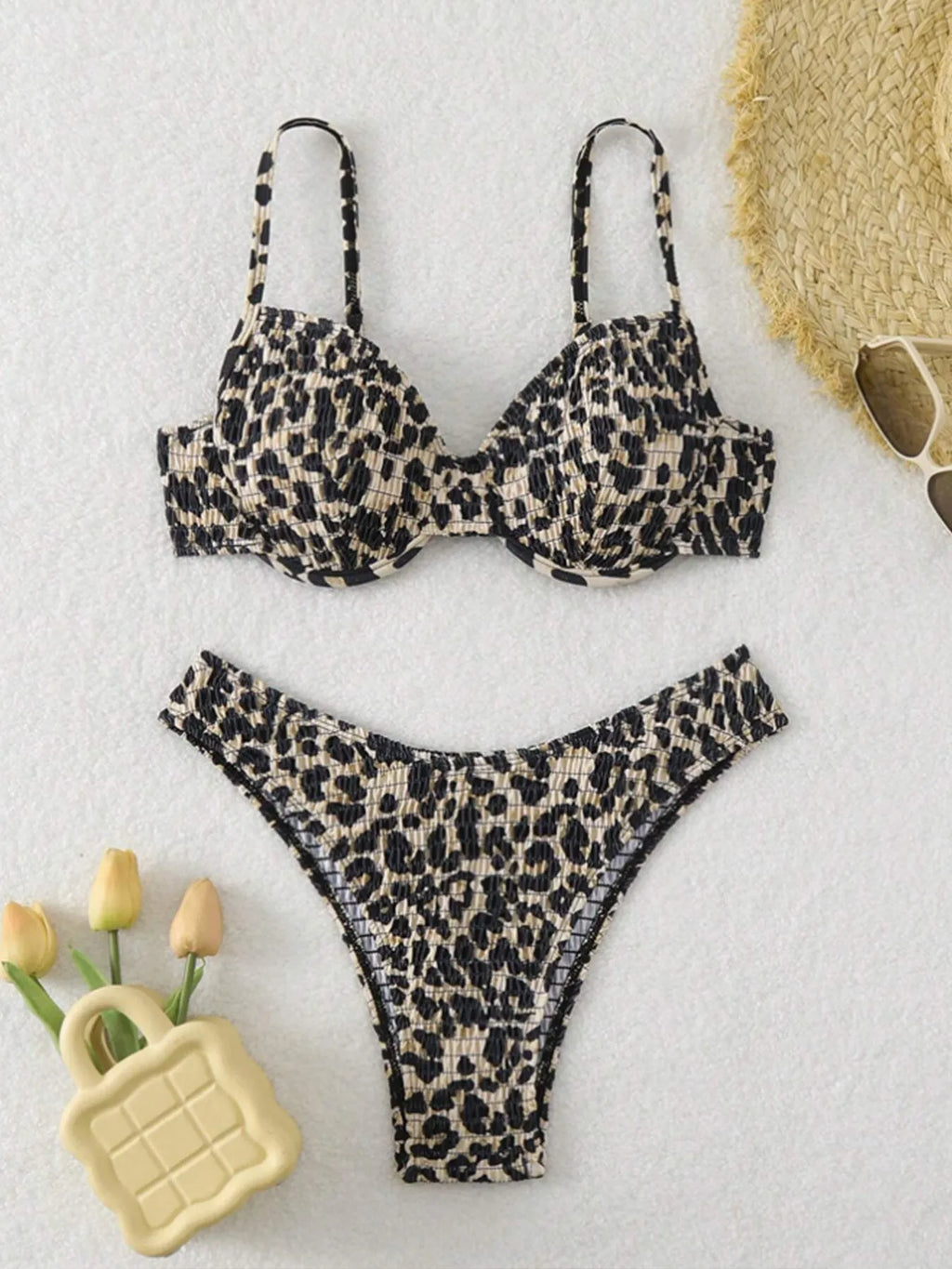 Women's leopard print backless bikini swimsuit in briefs style