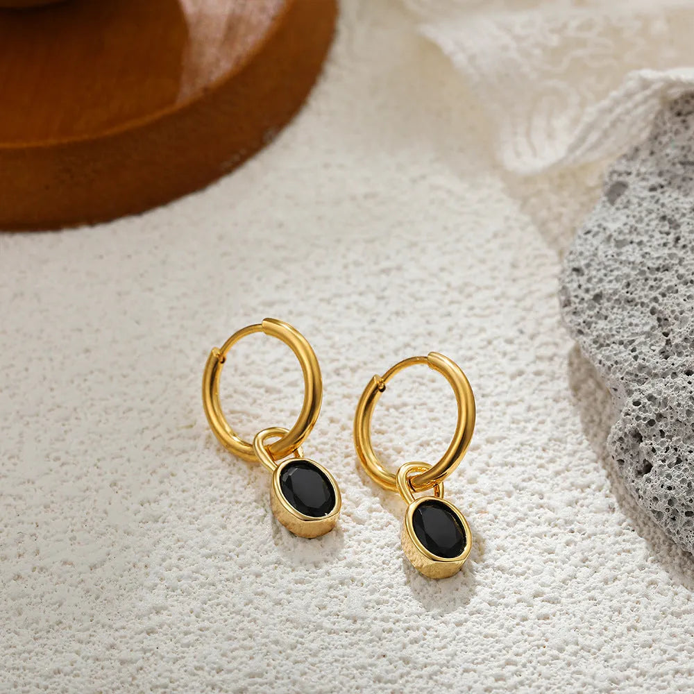 Retro oval zircon earrings for women in copper, shown in one of six colours: white, emerald, army green, black, red, or blue.