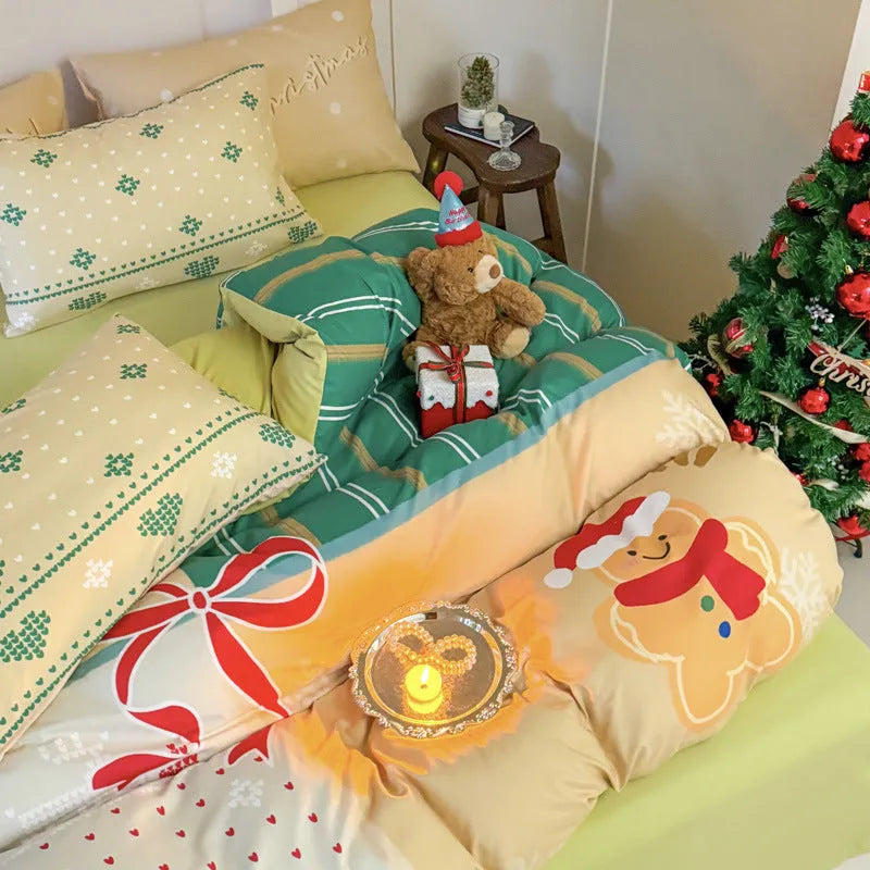 Christmas cartoon printed four-piece bedding set with super soft washed fabric on a bed