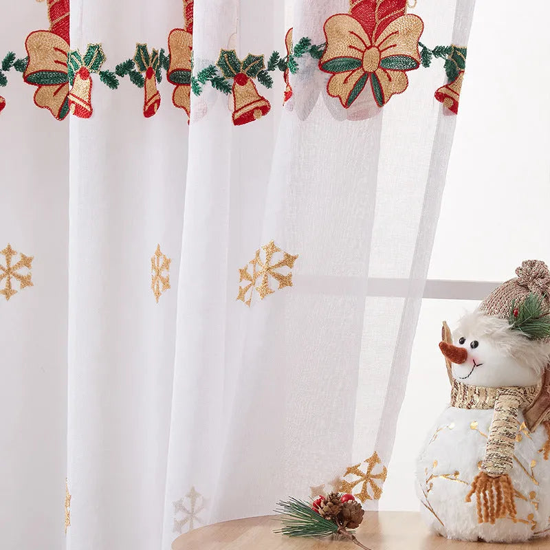 Pair of American Christmas curtains with embroidered snowflake design on polyester fabric