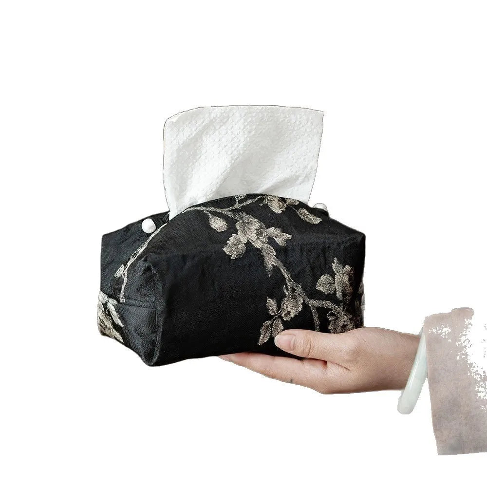 New Chinese brocade fabric tissue box in embroidery white plum colour with optional pearl buckle.