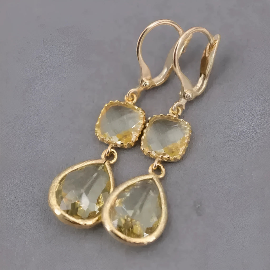 Gold retro earrings with long crystal fringe and geometric water droplet design