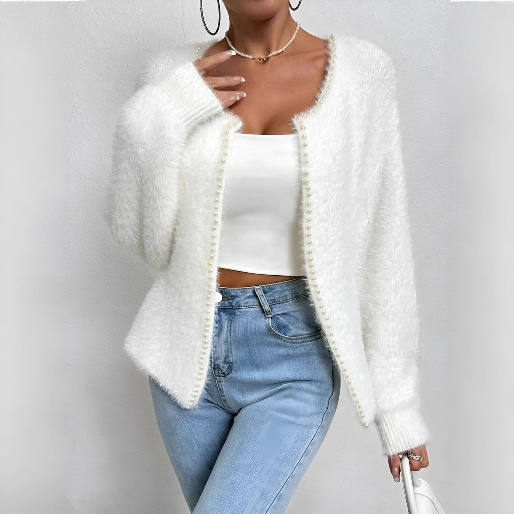Women's white V-neck cardigan with open front design and polyester knitted fabric