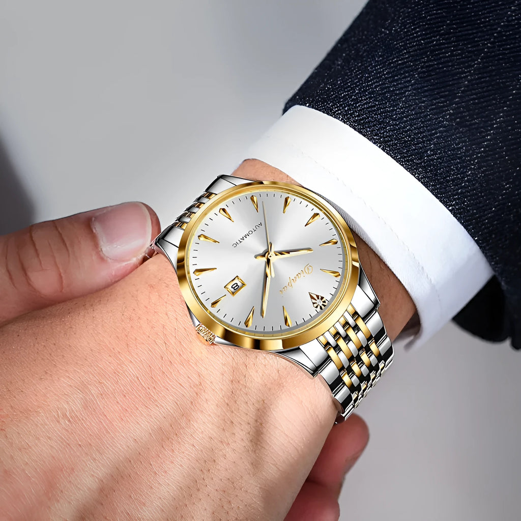 Men's automatic mechanical watch with stainless steel strap and simple dial, shown in golden black finish.
