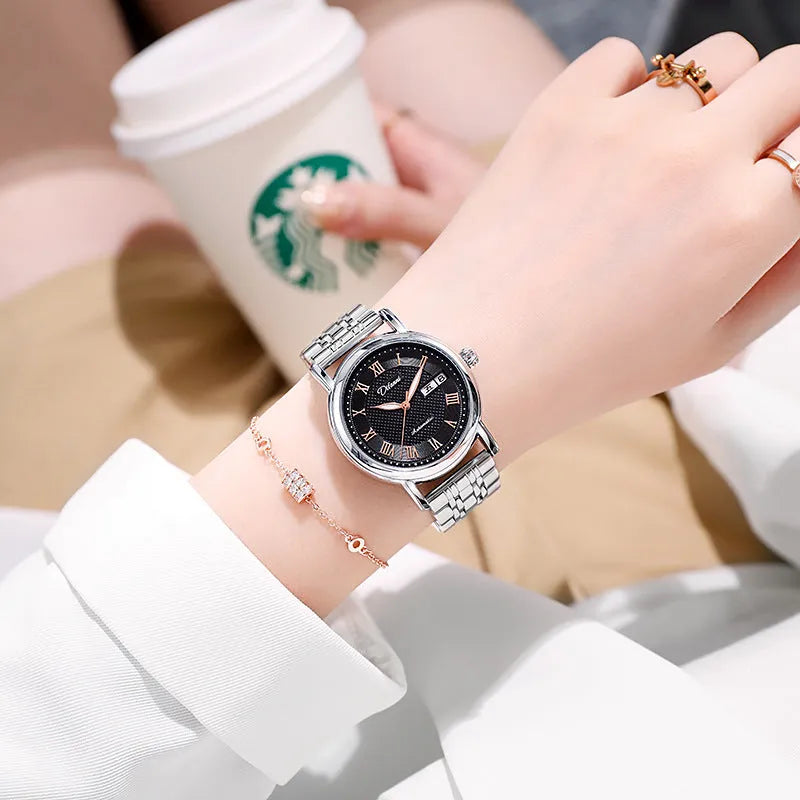 Automatic women's mechanical fashion watch with a 12mm thick case on a steel bracelet.