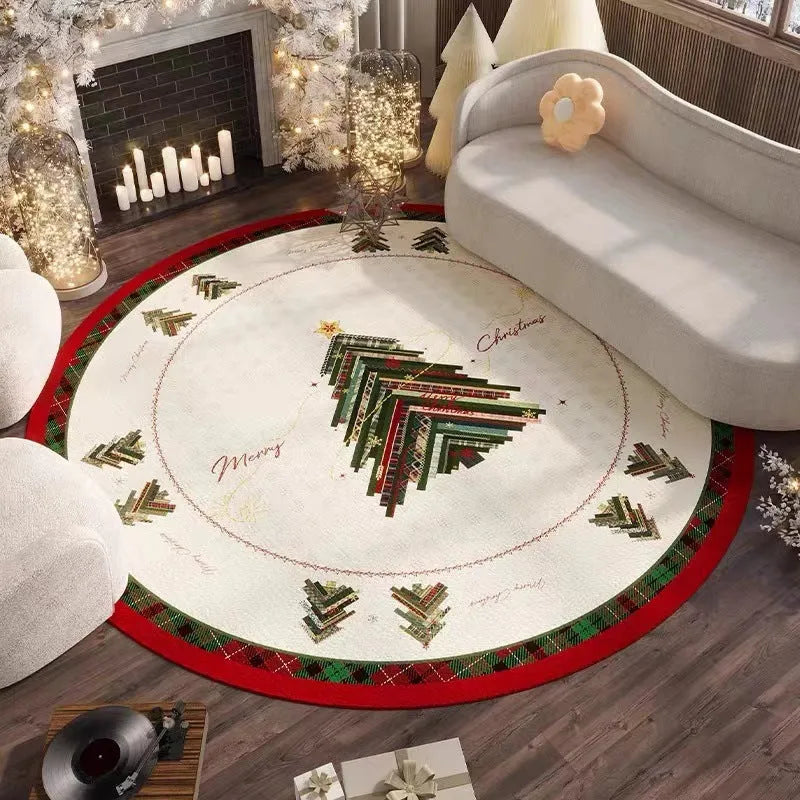 Round red Christmas carpet with festive design and non-slip backing on hardwood floor