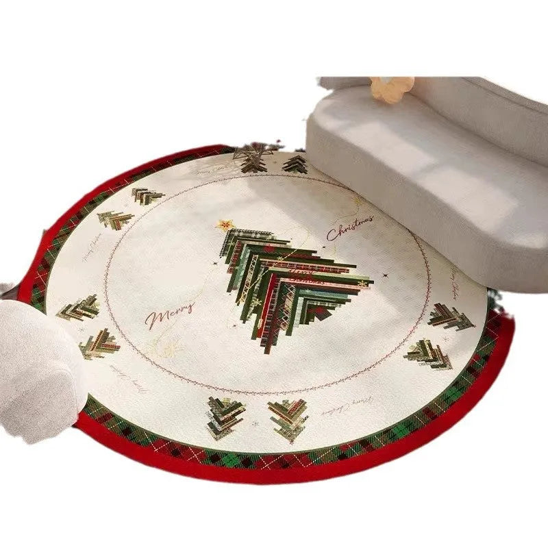 Round red Christmas carpet with festive design and non-slip backing on hardwood floor