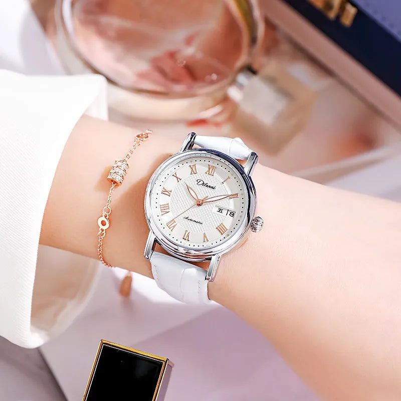 Automatic women's mechanical fashion watch with a 12mm thick case on a steel bracelet.