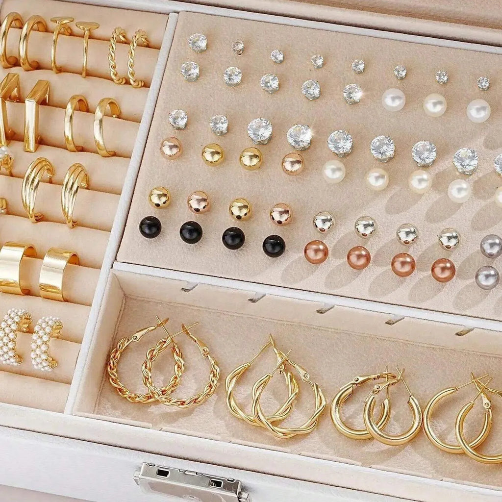 108 geometric alloy earrings with gold and yellow electroplated finishes and round pearl elements