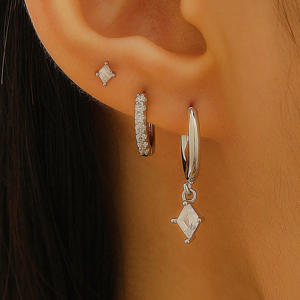 Ladies three-piece zircon earring set with geometrical designs in gold and silver colour options