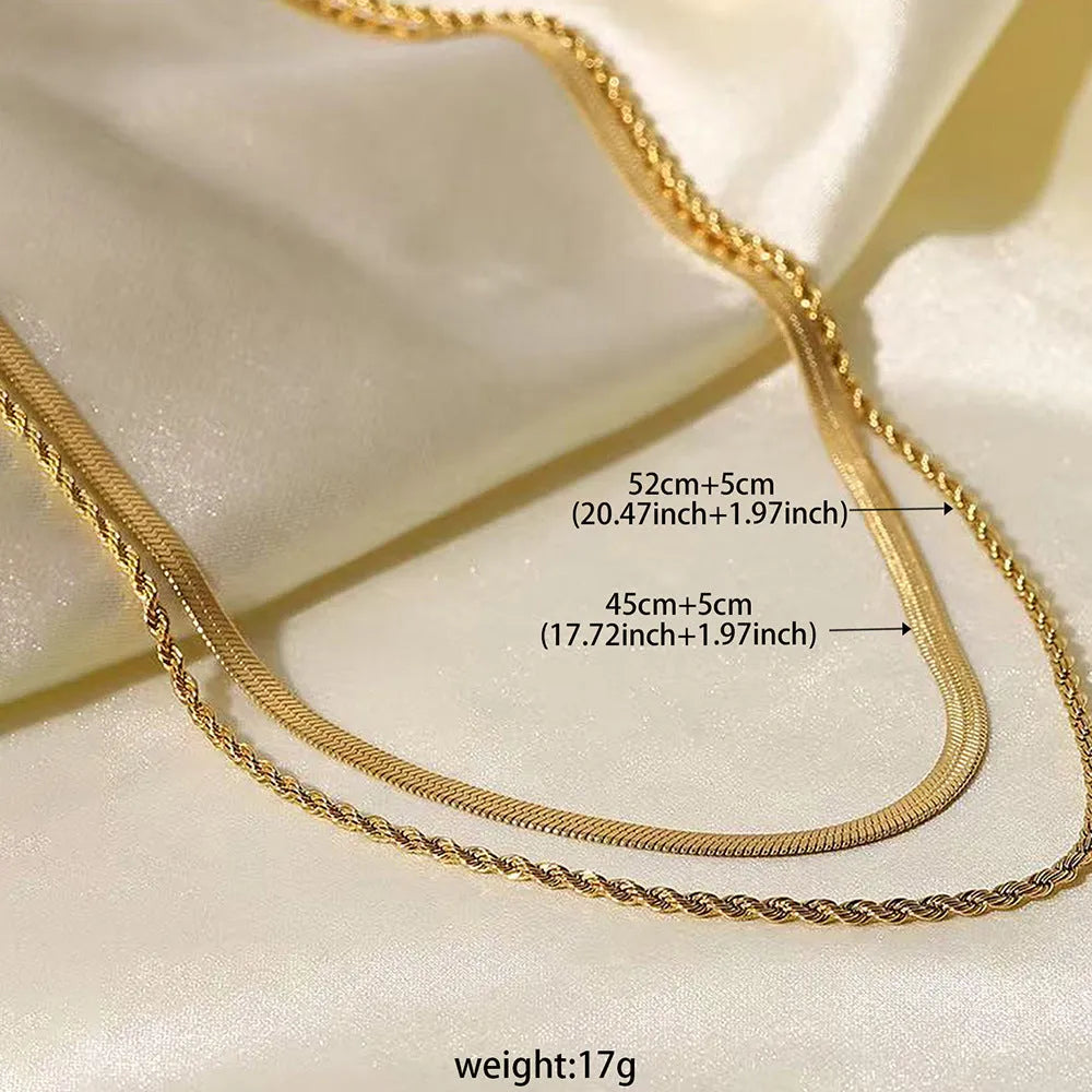 Women's retro double-layer twist necklace with geometric pendant on a snake bone chain