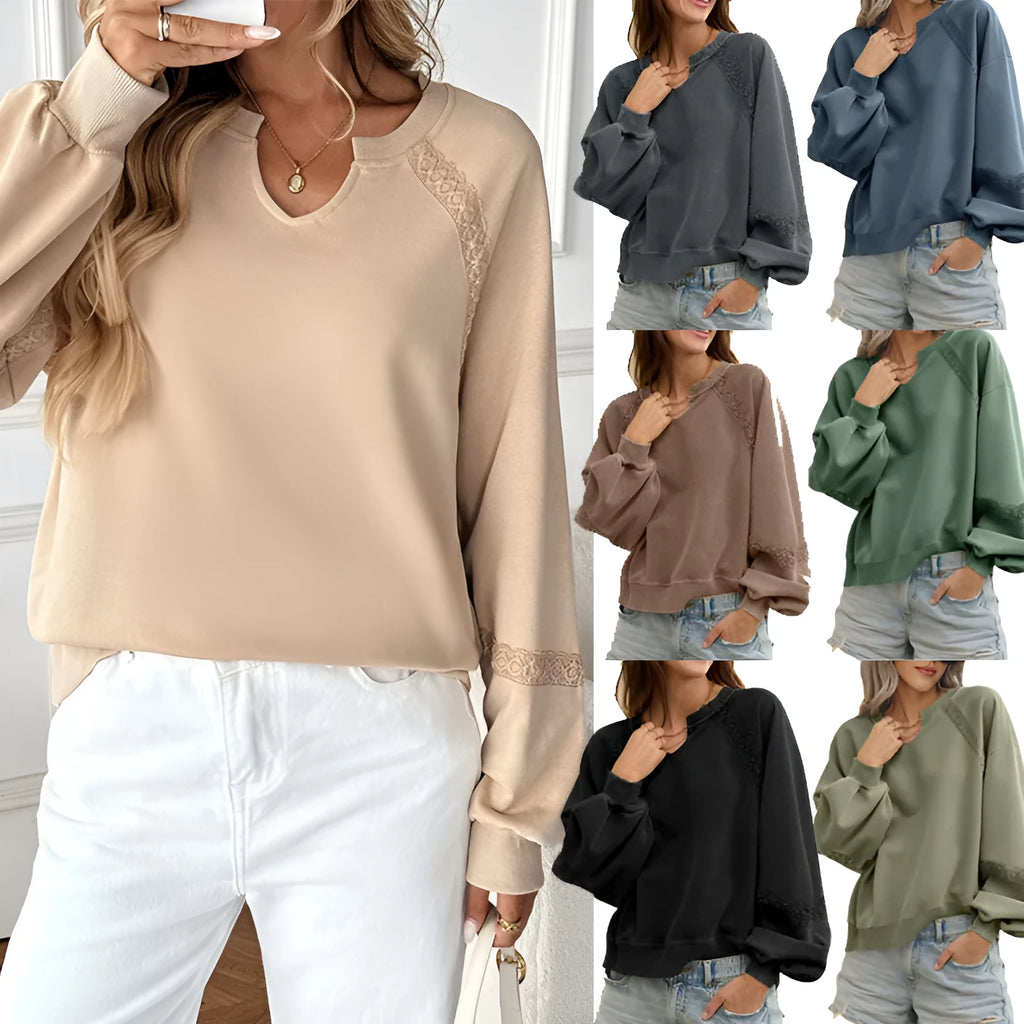 Women's half-open collar lace detail long sleeve sweater in a solid colour on a hanger.