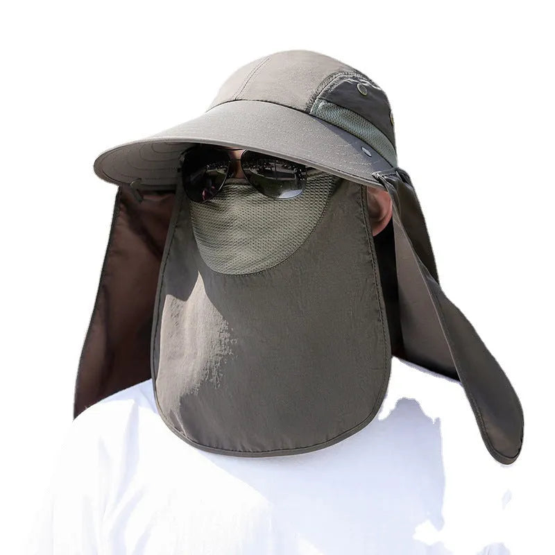 Men's sun protection hat with integrated USB fan and neck covering shawl in khaki colour