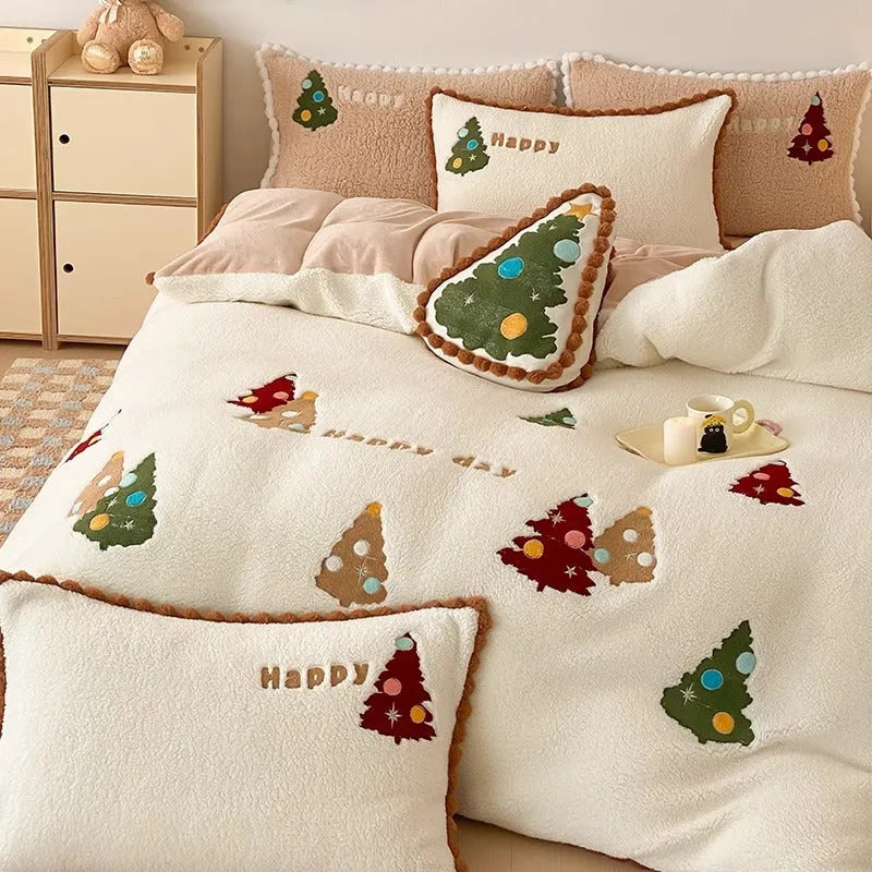 Bright yellow fleece-lined bedding set with cartoon Christmas tree pattern, shown with sheet, quilt cover, and two pillowcases.