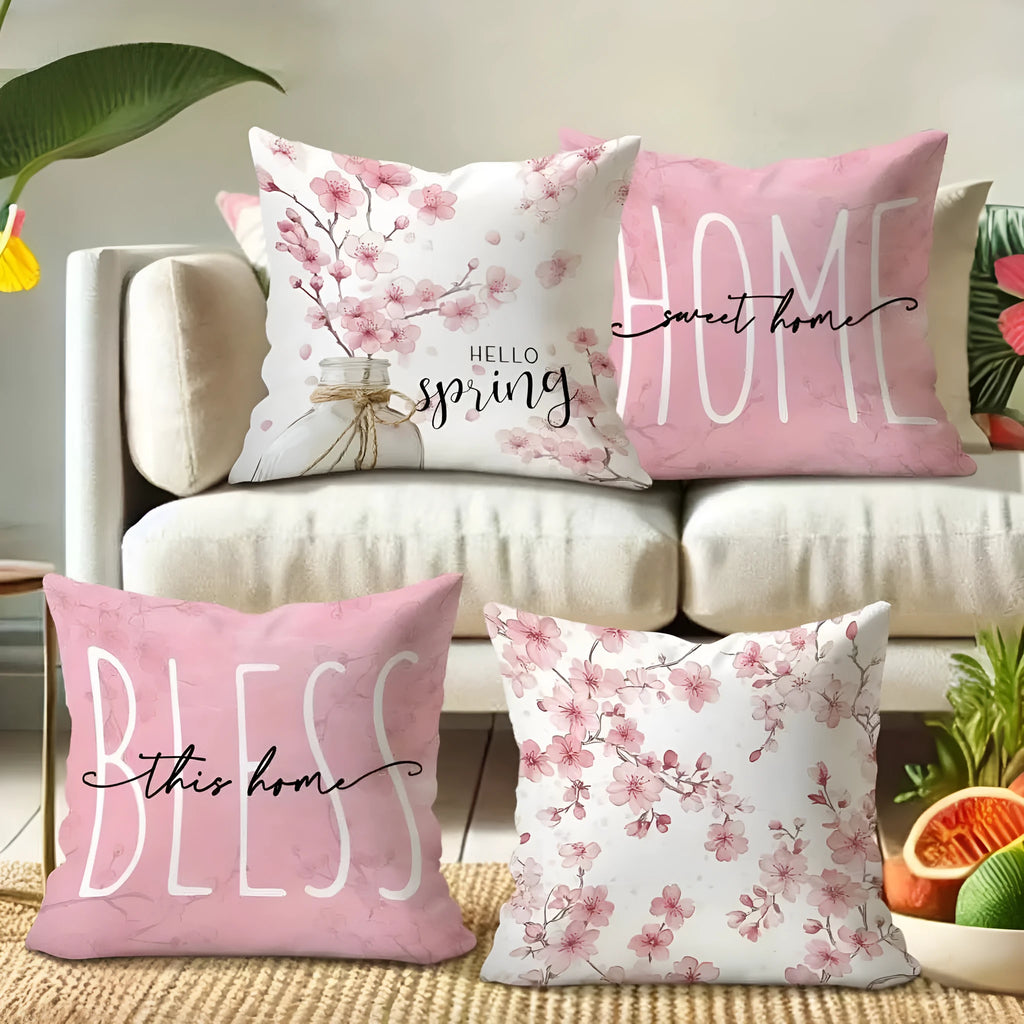 Square short velvet cushion cover with cherry blossom and letter print, 45cm.