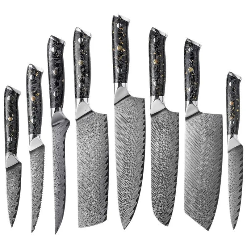 Eight-piece Damascus steel kitchen knife set showing fishbone pattern, including chef, boning, utility, and fruit knives.