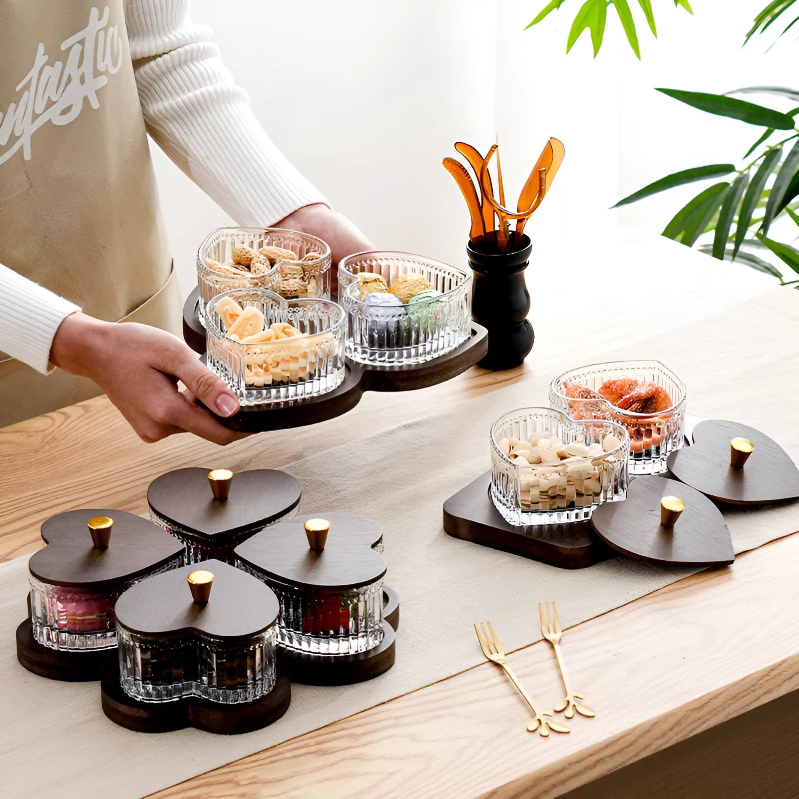 Glass retro serving tray with coloured glaze and heart-shaped transparent lids, available in 2, 3, 4, or 5 grid options.