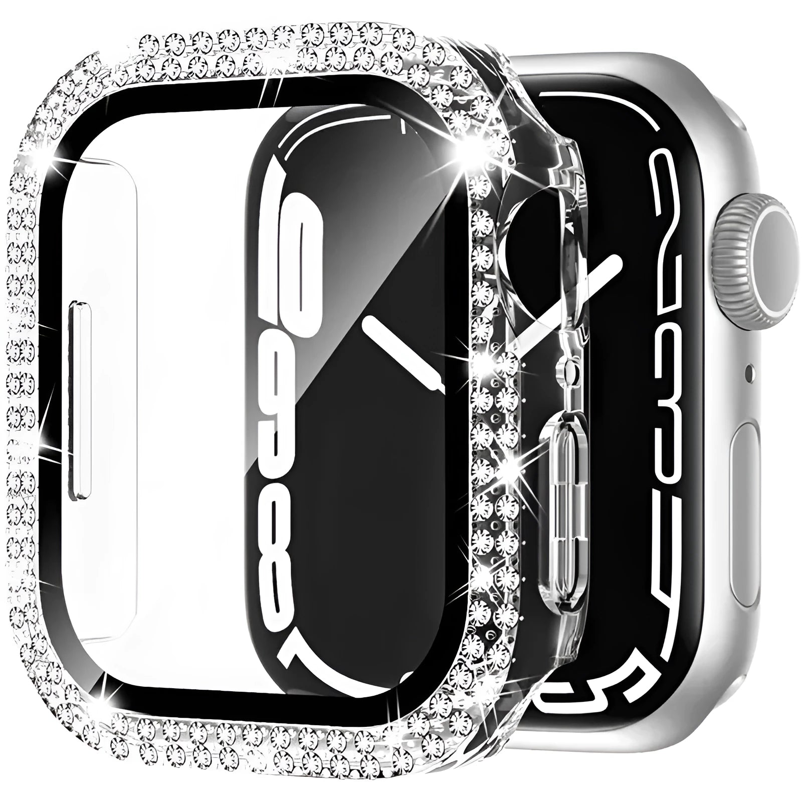 Apple Watch protective case with peep-proof screen in rose pink, gold, silver, transparent, black, starlight and rose gold colours.