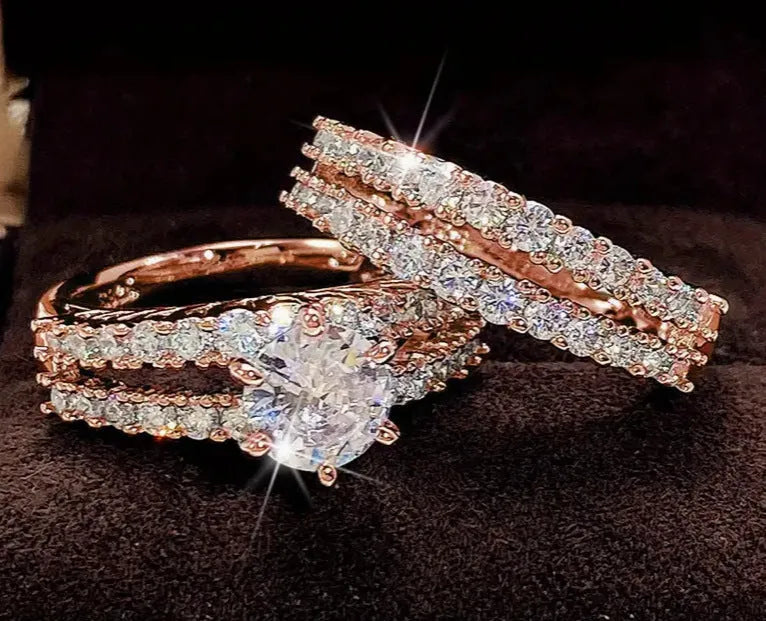 2 in 1 geometric female ring set in gold, rose gold, or silver plating with round design elements
