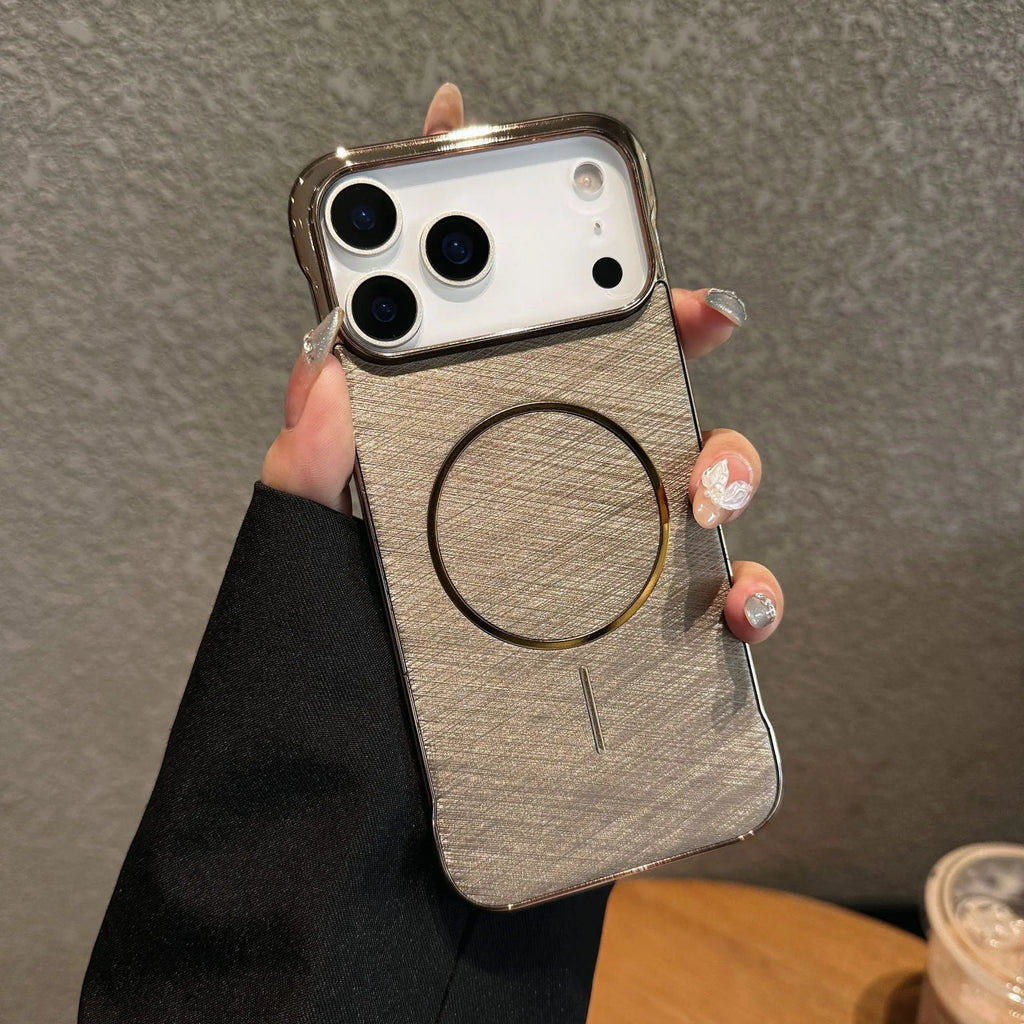 Electroplated silver grey magnetic phone case for iPhone 17 Pro, showing half-pack frameless design and built-in magnet.