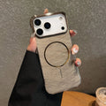 Electroplated silver grey magnetic phone case for iPhone 17 Pro, showing half-pack frameless design and built-in magnet.
