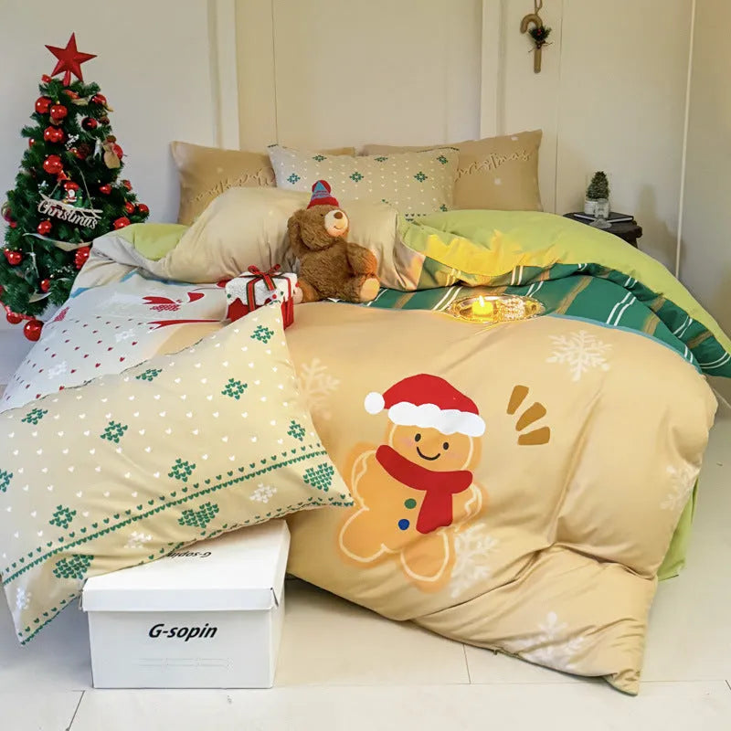 Christmas cartoon printed four-piece bedding set with super soft washed fabric on a bed