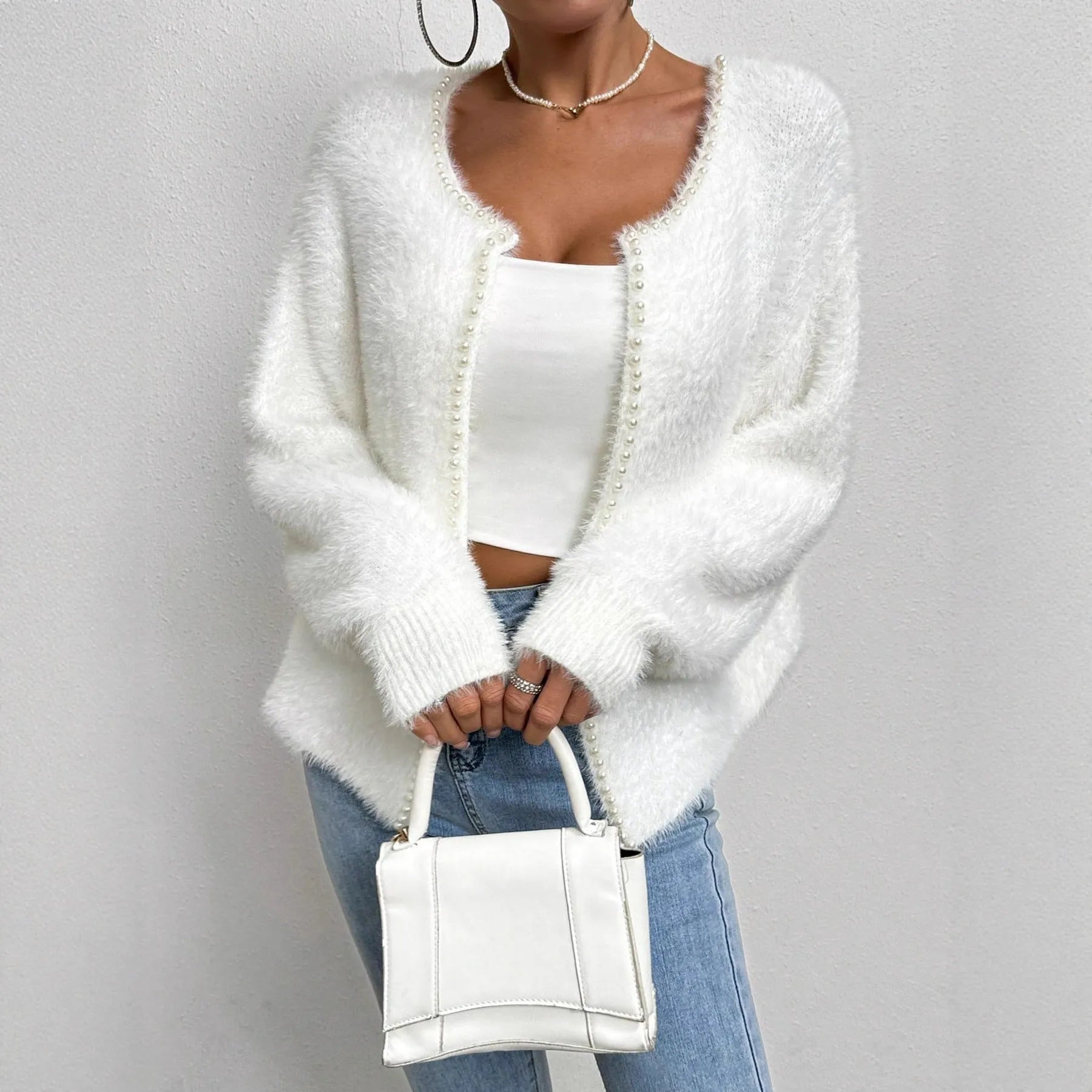 Women's white V-neck cardigan with open front design and polyester knitted fabric