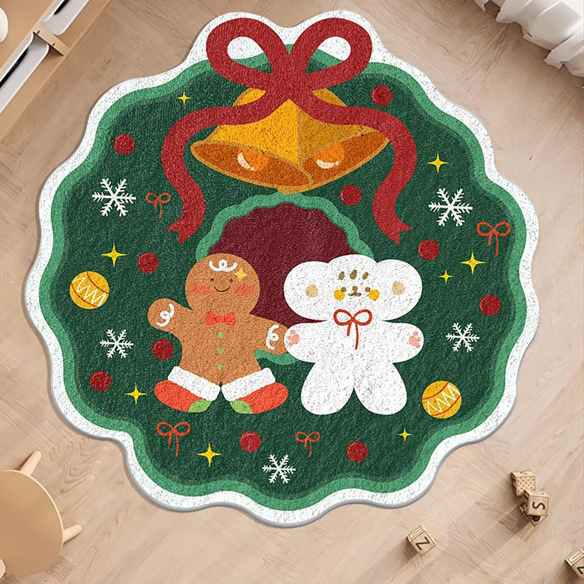 Round alien-shaped Christmas floor mat with festive patterns in imitation cashmere fabric.