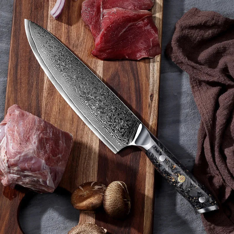 Eight-piece Damascus steel kitchen knife set showing fishbone pattern, including chef, boning, utility, and fruit knives.