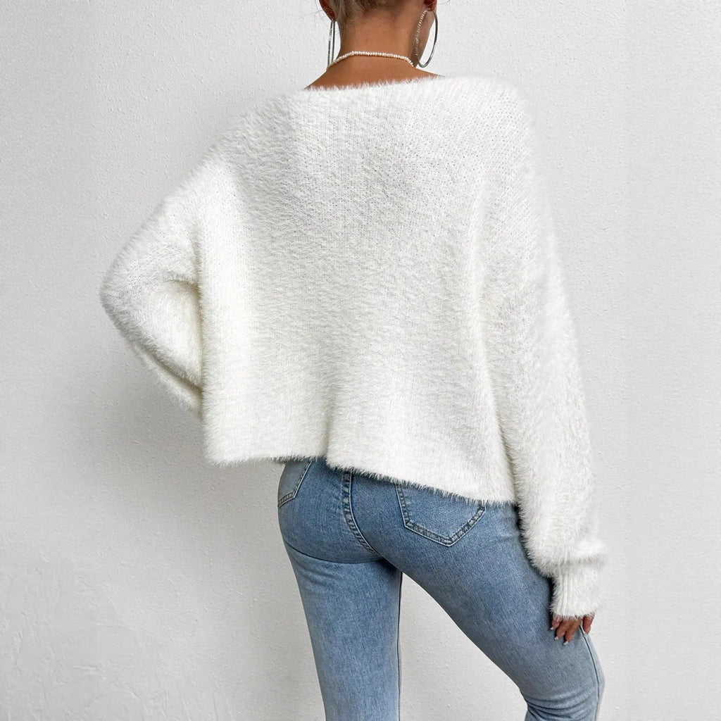 Women's white V-neck cardigan with open front design and polyester knitted fabric