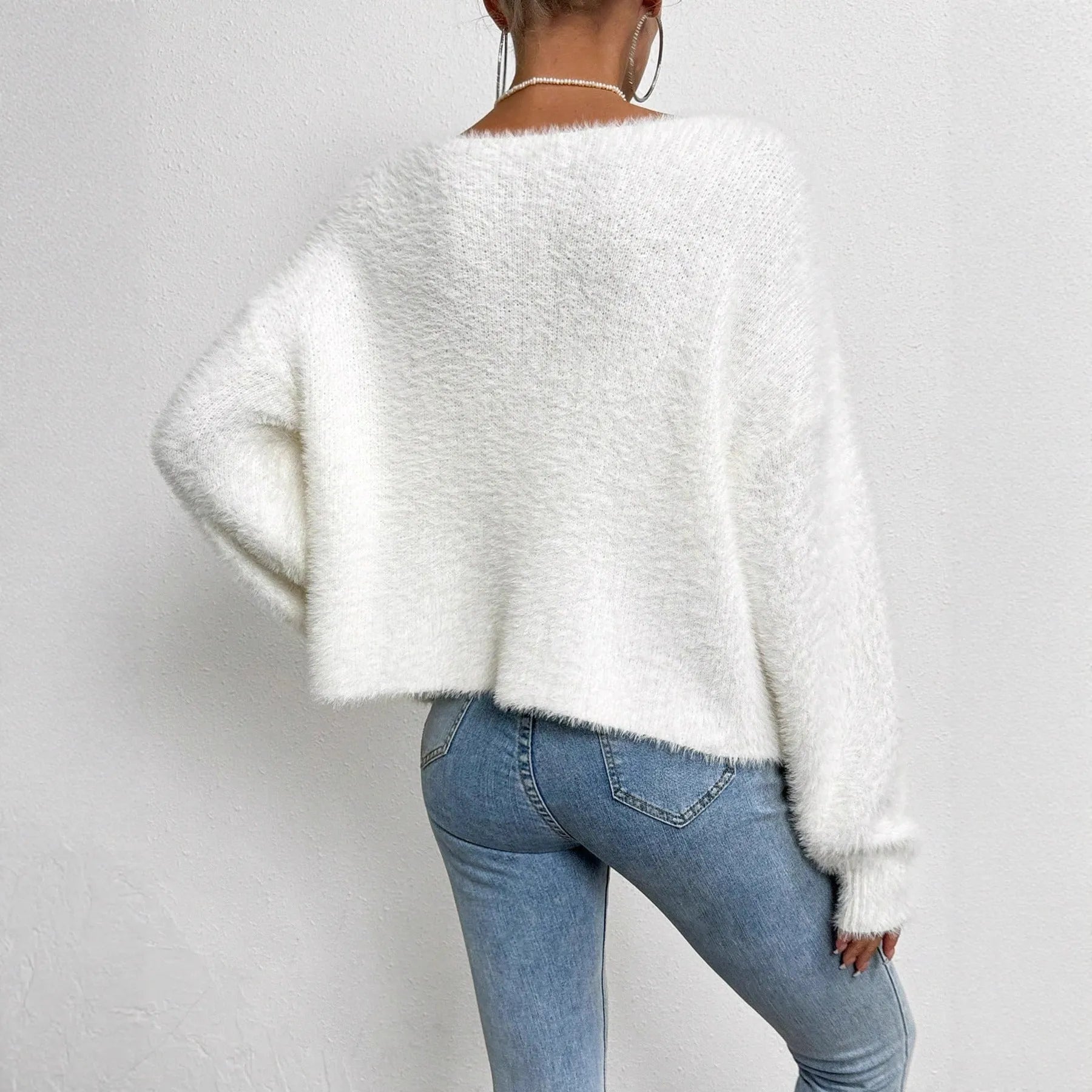 Women's white V-neck cardigan with open front design and polyester knitted fabric