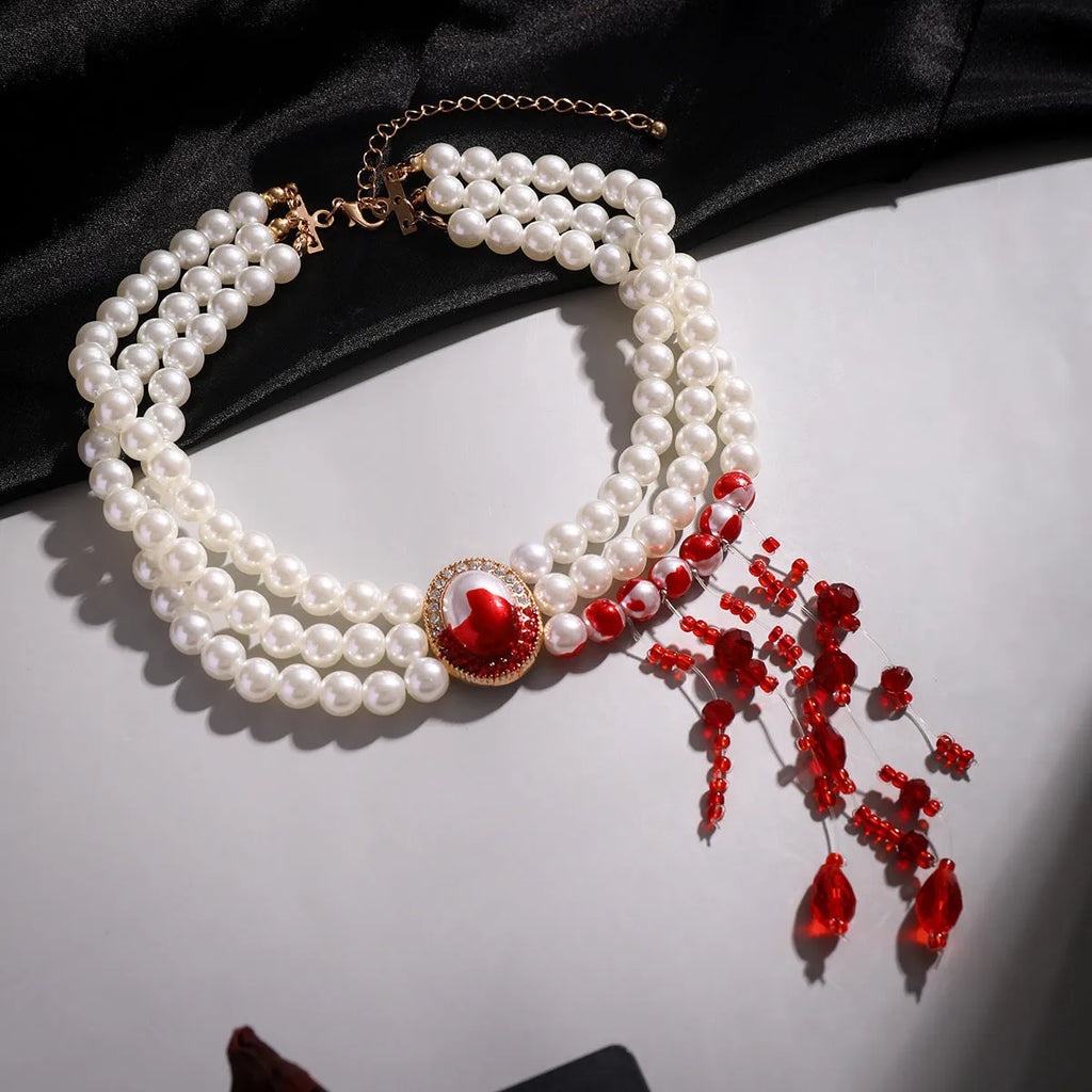 Halloween jewellery set with pearl collar necklace, bracelet and stud earrings in electroplated gold gothic style