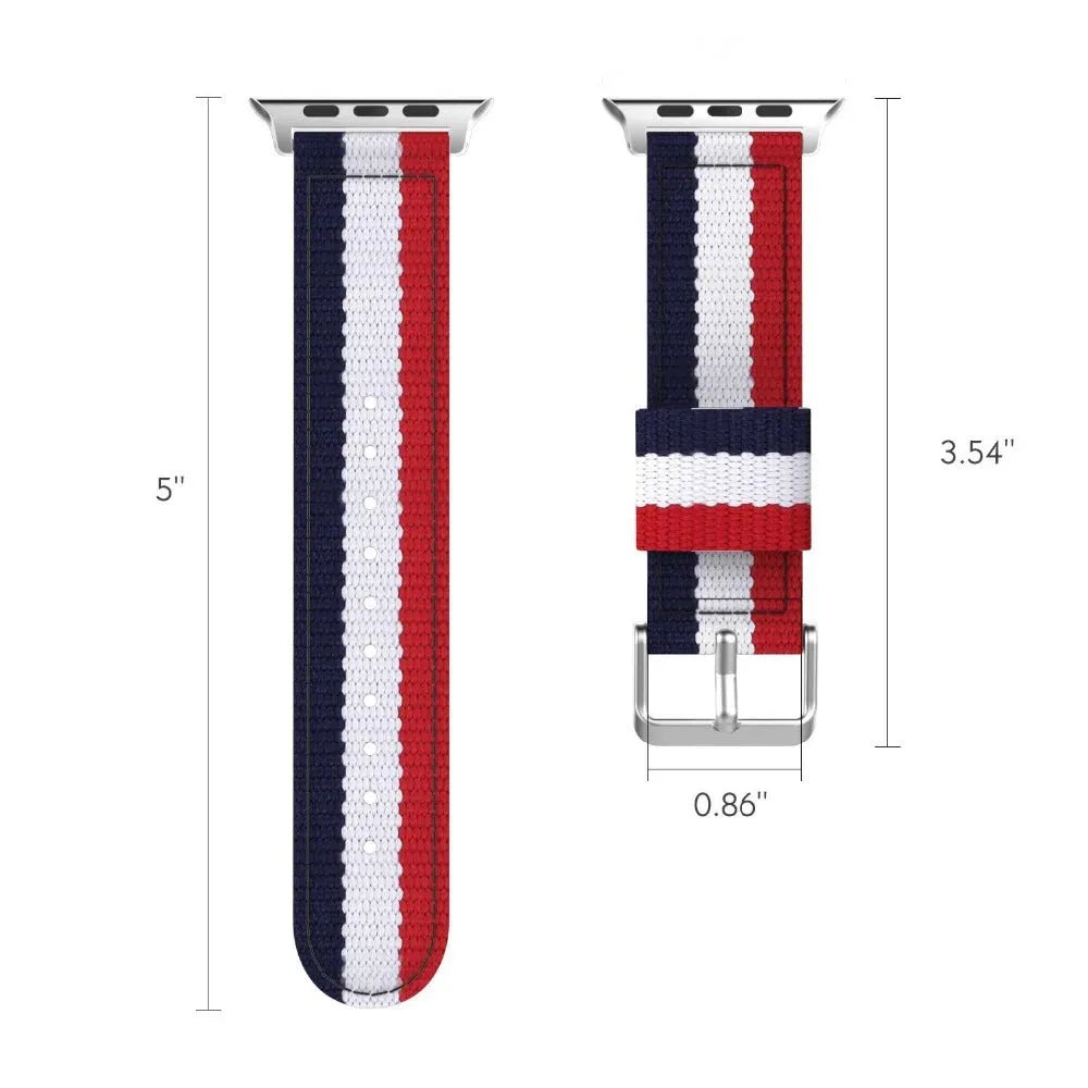 Split nylon canvas watchband in rainbow colour for Apple Watch 44mm on light background