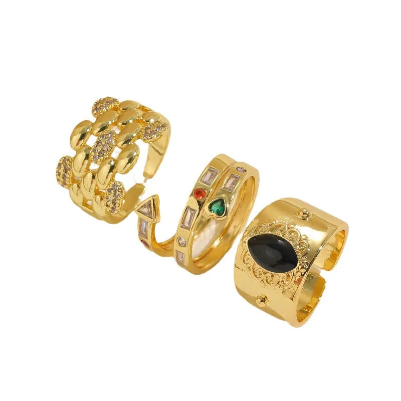 Geometric Chinese style vintage copper ring with electroplated horse eye black finish and zircon detailing
