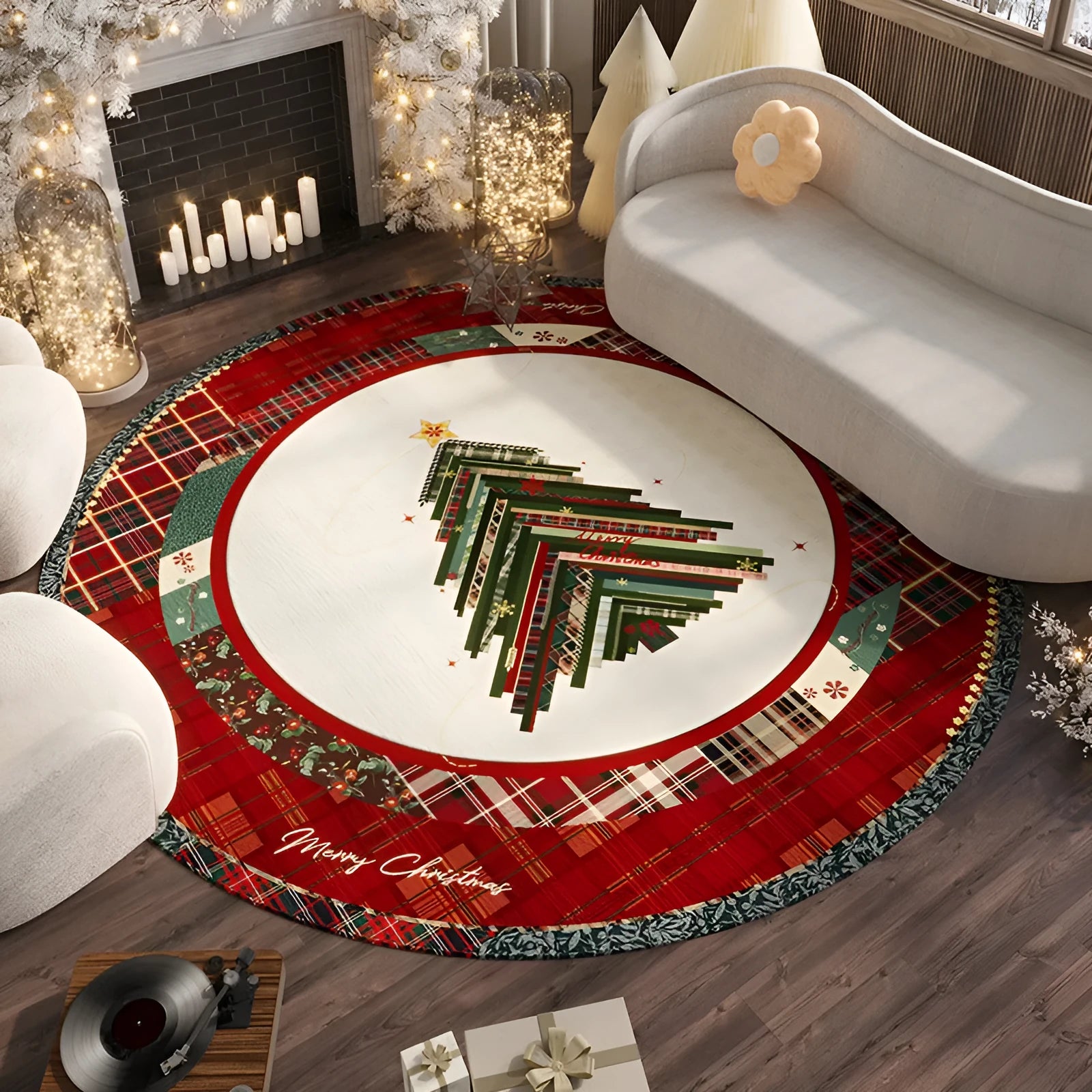 Round red Christmas carpet with festive design and non-slip backing on hardwood floor