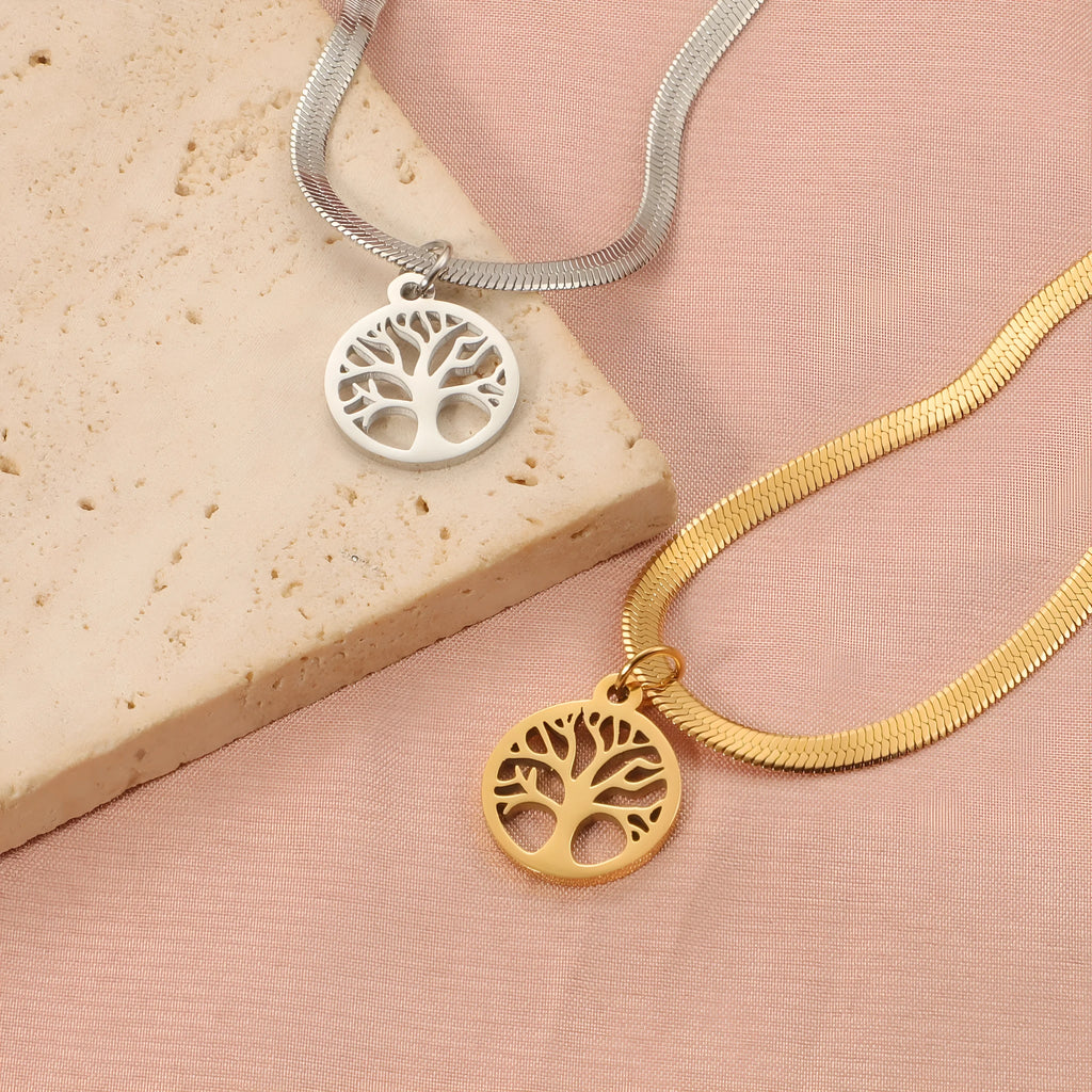 Stainless steel lucky tree pendant necklace on snake bone chain in gold finish