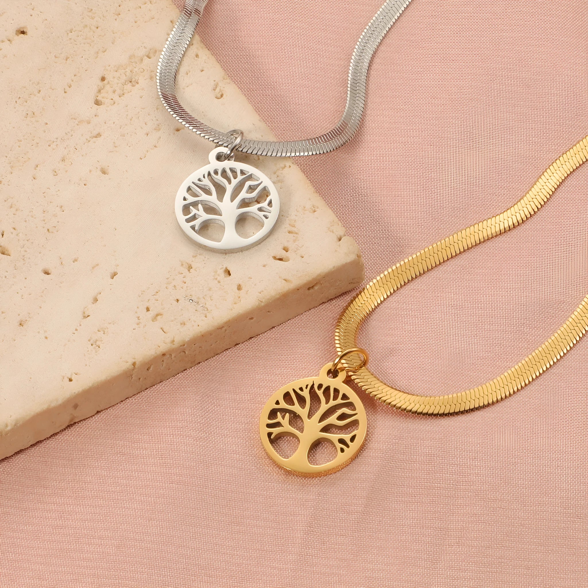 Stainless steel lucky tree pendant necklace on snake bone chain in gold finish