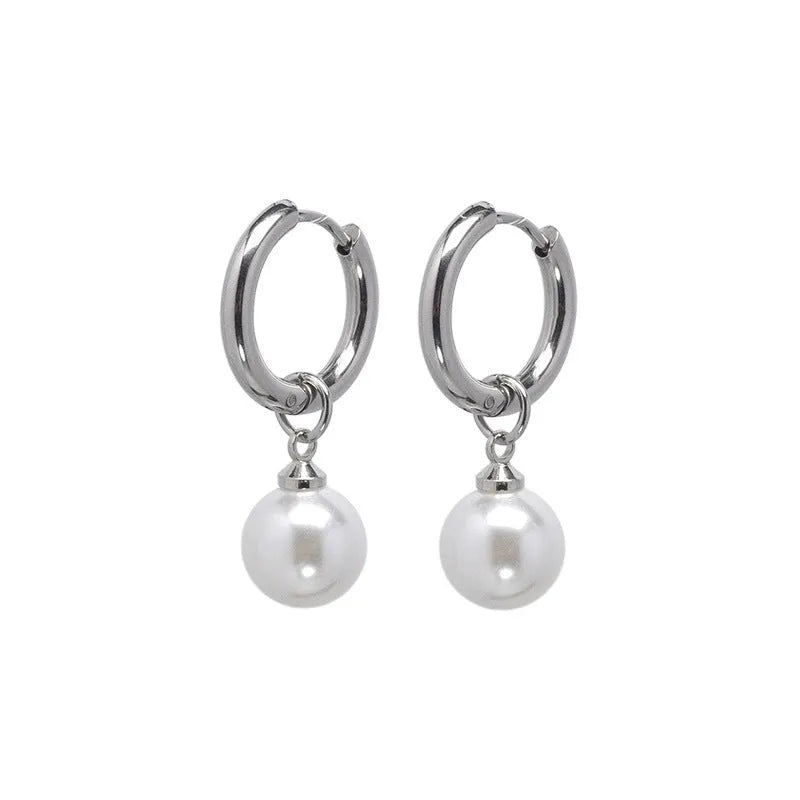 Women's alloy pearl geometric earrings with titanium steel posts and round design